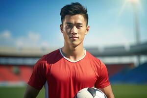 bonito ásia futebol jogador, retrato do uma bonito ásia atleta macho, esporte homem jogador de futebol. foto