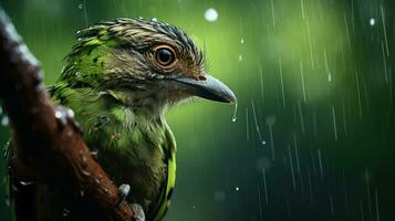 épico fotografia tiro do pássaro em chuvoso dia. animado chuvoso estação conceito. generativo ai foto