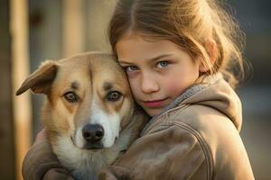 pequeno menina abraçando dela cachorro com caloroso luz fundo, criança abraços uma disperso cachorro para transmitindo uma sentido do amar. foto