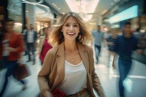 retrato do feliz fêmea vai para compras dentro roupas loja, lindo homem caminhando dentro compras Shopping cercado de borrado pessoas foto