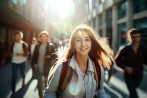 lindo aluna caminhando para escola, adolescente menina anda em em uma lotado pedestre rua, fêmea aluna olhando às Câmera e sorridente. foto