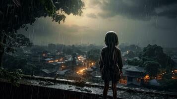 humano diariamente vida em chuvoso dia. desfrutando chuva e feliz vida, animado chuvoso estação conceito. generativo ai foto