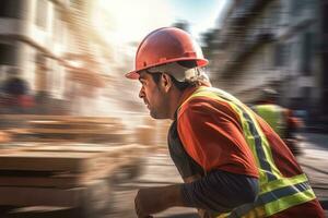 construção trabalhador vestindo segurança uniforme, Engenharia trabalho em construção construção site, Civil engenheiro observa e verificação a projeto foto