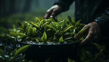 artístico lazer do mãos colheita chá folhas dentro uma plantação do chá plantas uma chuva dia. ilustração ai foto
