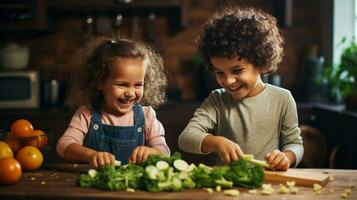 crianças ajudando com cozinhando e cortar legumes foto