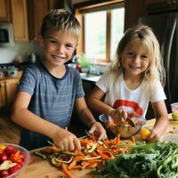 crianças ajudando com cozinhando e cortar legumes foto