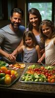 família preparando fresco ingredientes para jantar foto