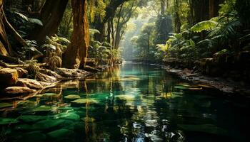 tranquilo cena fluindo água, verde floresta, refletindo beleza dentro natureza gerado de ai foto