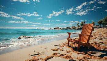 tranquilo cena azul água, arenoso litoral, verão relaxamento gerado de ai foto