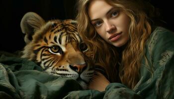 uma lindo mulher olhares fixos sensualmente, uma majestoso tigre ao lado dela gerado de ai foto