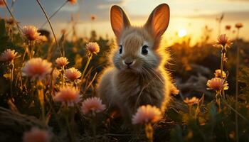 fofo bebê Coelho senta dentro Prado, desfrutando primavera gerado de ai foto