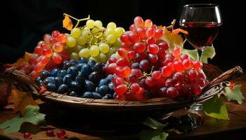 fresco outono uvas em de madeira mesa, natureza doce refresco gerado de ai foto