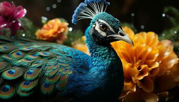 a majestoso pavão vibrante penas mostruário natureza beleza gerado de ai foto