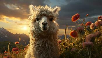 fofa alpaca pastar em uma Prado, desfrutando a lindo pôr do sol gerado de ai foto