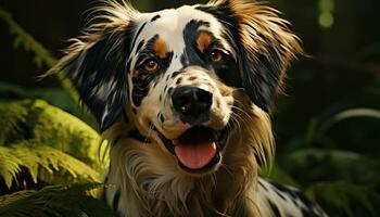 fofa cachorro sentado dentro grama, olhando às Câmera com fidelidade gerado de ai foto