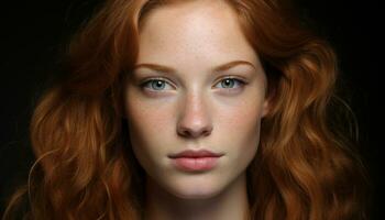 uma lindo jovem mulher com Castanho cabelo e verde olhos gerado de ai foto