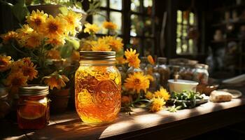 frescor dentro natureza uma amarelo girassol em uma rústico mesa gerado de ai foto