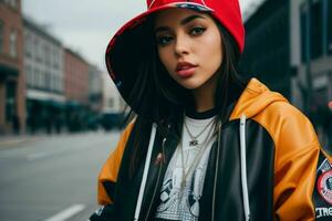 retrato do uma mulher dentro streetwear em a rua. ai generativo pró foto