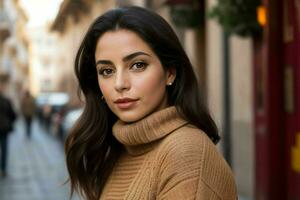 lindo mulher dentro uma suéter em a rua. ai generativo pró foto