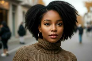 lindo mulher dentro uma suéter em a rua. ai generativo pró foto