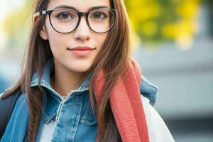 hipster aluna mulher vestindo óculos óculos. ai generativo pró foto