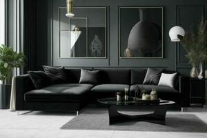 moderno vivo quarto Projeto com confortável sofá e elegante decoração. ai generativo pró foto