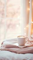 acolhedor foto. uma copo do café, uma cobertor de a janela, Natal luzes, inverno foto