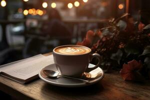 uma copo do café, cappuccino em uma mesa dentro uma cafeteria. vela, acolhedor foto