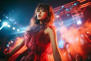 jovem encantador ásia k-pop ídolo menina dentro vermelho vestir em etapa debaixo festa luzes foto