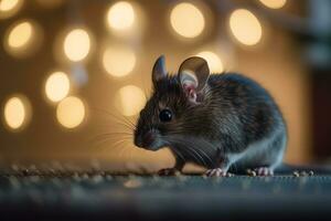 fechar-se do uma cinzento pequeno rato em a chão borrado bokeh fundo e suave foco foto