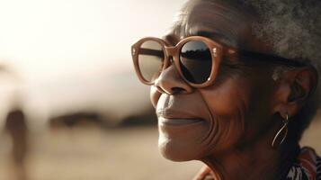 idosos africano americano feliz mulher dentro oculos de sol e com brincos debaixo a Sol foto