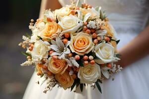 fechar-se do uma Casamento ramalhete com branco e laranja rosas dentro a mãos do a noiva foto