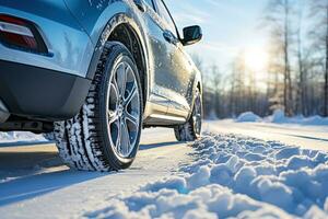 lado Visão em uma cinzento carro com inverno pneus em uma Nevado estrada foto