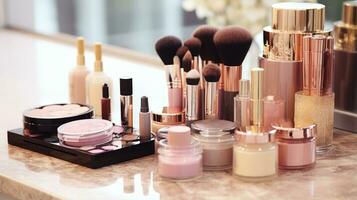 coleção do Maquiagem produtos e escovas - glamouroso beleza Essenciais foto