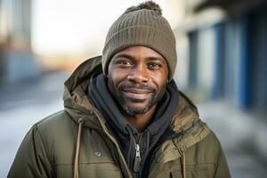 uma jovem africano americano homem com uma barba vestindo uma verde Jaqueta e uma tricotado chapéu com uma pompom sorrisos em uma cidade rua. foto