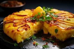 tradicional espanhol tortilla de patatas , espanhol omelete, fechar-se com ervas em uma Sombrio fundo foto