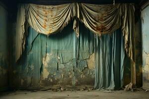 uma rasgado sujo branco teatro cortina com oxidado manchas contra a fundo do uma parede com desmoronando gesso. abandonado etapa foto