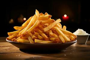 fechar-se do uma prato francês fritas em uma rústico de madeira mesa foto