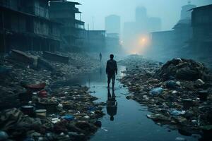 uma homem carrinhos dentro uma poça entre uma pilha do lixo em a arredores do a cidade. natureza poluição, urbano lixo, ecologia conceito foto