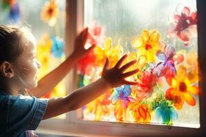 uma pequeno menina toques brilhante desenhos do flores em a janela através que brilhante luz solar rompe através. foto