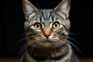 fechar-se retrato do cinzento malhado gato isolado em Preto fundo foto