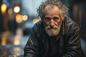 idosos triste cinzento cabelos sem teto homem dentro a chuva dentro a cidade em embaçado bokeh fundo foto