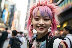 jovem adorável japonês punk menina com pastel Rosa cabelo sorridente em cidade rua foto