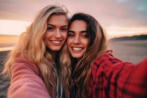 dois lindo encantador jovem mulheres levar uma selfie em a Beira Mar. lgbtq mais casal ou melhor amigos, generativo ai foto