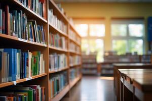 estantes de livros com muitos livros dentro a biblioteca, borrado fundo foto