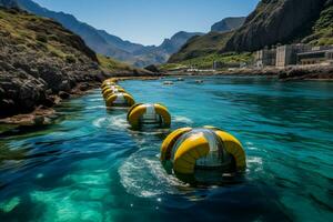 onda poder estações amarrado ao longo uma áspero litoral aproveitar oceanos energia foto