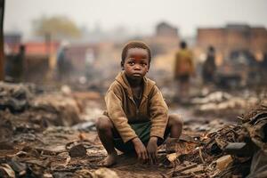 uma triste africano Garoto senta entre uma pilha do industrial desperdício. favela pobreza conceito foto