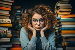 lindo aluna mulher com encaracolado cabelo dentro óculos entre pilhas do livros dentro a biblioteca foto