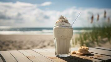 milkshake com açoitado creme borrifado com canela em uma de madeira mesa em a de praia debaixo a brilhante Sol foto