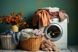 uma pilha do pastel colori roupas preparado para lavando dentro uma lavanderia cestas por aí uma lavando máquina foto